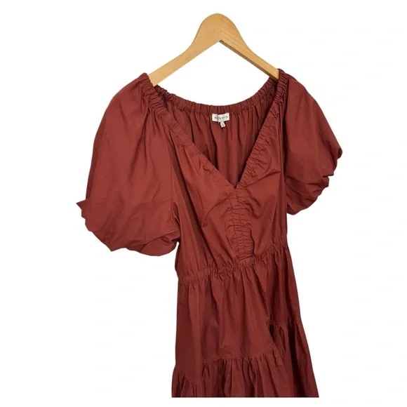 MOON RIVER | Cotton Puff Sleeve Tiered Midi Dress in Brick, Size Large - Picture 6 of 12